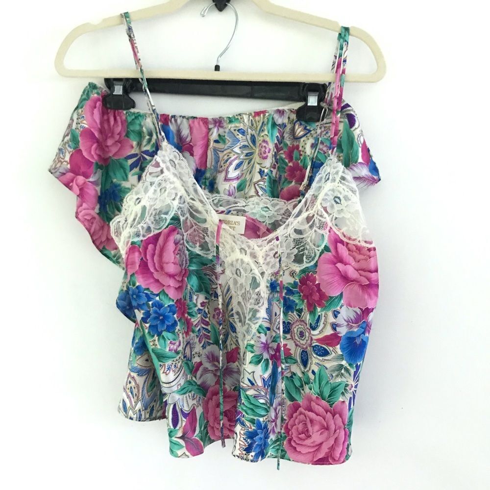 Vintage Victoria Secret Gold Label Floral Lace Trim Cami Top pajama Set Large
